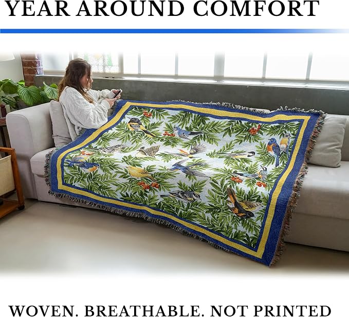 Pure Country Weavers Songbirds Blanket by Elena Vladykina - Bird Garden Floral Gift Tapestry Throw Woven from Cotton - Made in the USA (72x54)
