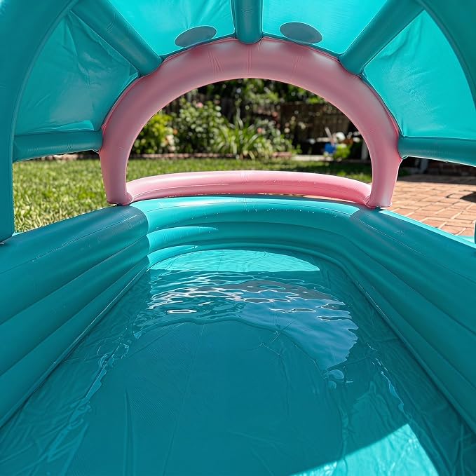 Inflatable Kiddie Pool with Canopy, Giant Fish Blow Up Pool for Kids Toddlers Adults, Thickened PVC Family Pool, 3 Air Chambers, 96"×59"×20" Backyard Summer Splash
