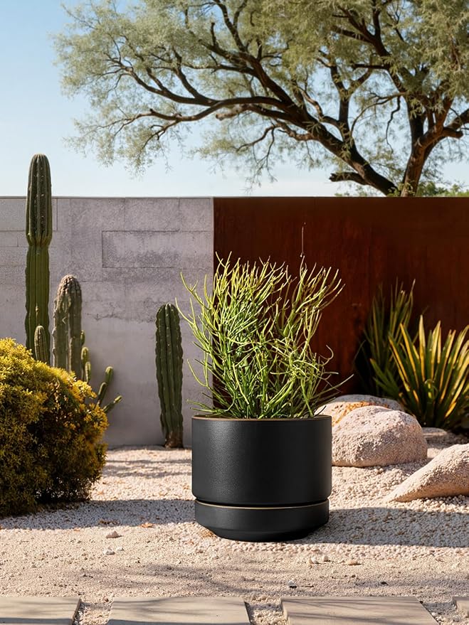 LE TAUCI 14 Inch Large Plant Pot with Saucer, Ceramic Outdoor & Indoor Big Planter with Drainage Hole, Mesh Pad Included, Matte Glazed Outside, Modern for Home and Patio, Obsidian Black & Ochre