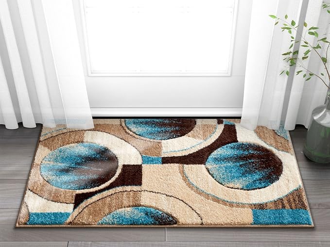 Well Woven Ruby Geometric 2x3 Mat Blue & Grey Vibrant Modern Contemporary Hand Carved Sunburst Design Perfect for Entryways & Small Spaces Plush Easy-Care Easy-to-Clean
