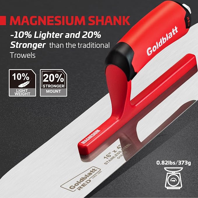 Goldblatt RED Stainless Steel Pool Trowel, 16"x 4" Professional Drywall Masonry Trowel with Soft Grip Handle, Lightweight Magnesium Shank, Round End, Plastering Trowel for Drywall Wallboard