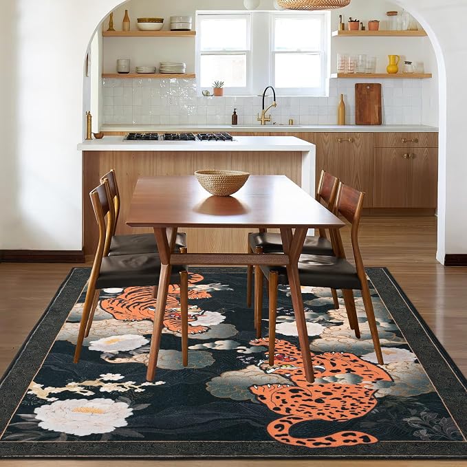Tiger 8x10 ft Area Rug, Japanese Washable Rugs for Living Room, Large Soft Non Slip Ultra Thin Stain Resistant Floor Carpet for Home Office Bedroom, Black