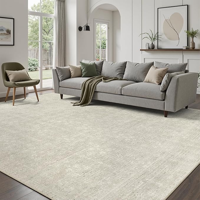 DCX Washable 5x7 Beige Rug, Stain Resistant Rubber Back Non Slip Rug | Kid & Pet Friendly Neutral Floral Rug for Living Room, Bedroom, Home Office, Soft Low Pile Large Nursery Carpet