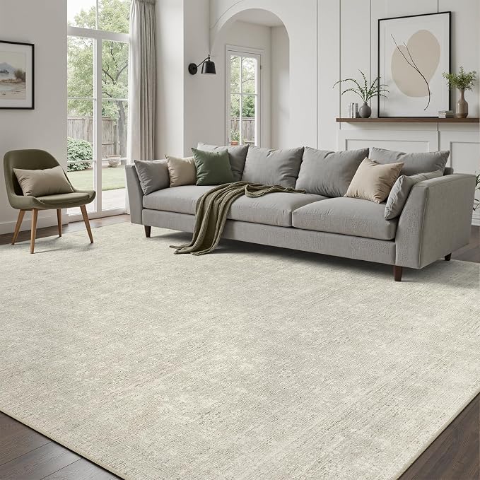 DCX Washable 9x12 Beige Rug, Stain Resistant Rubber Back Non Slip Rug | Kid & Pet Friendly Neutral Floral Rug for Living Room, Bedroom, Home Office, Soft Low Pile Large Nursery Carpet