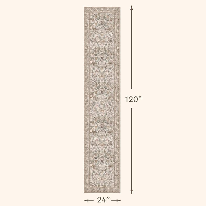 Vintage Floral Moss Green 2x10 Hallway Runner Rug Non Slip - 10 ft Extra Long Runner Rugs for Entryway, Washable Low Pile Laundry Room Floor Carpet, Brown Taupe Neutral Decor