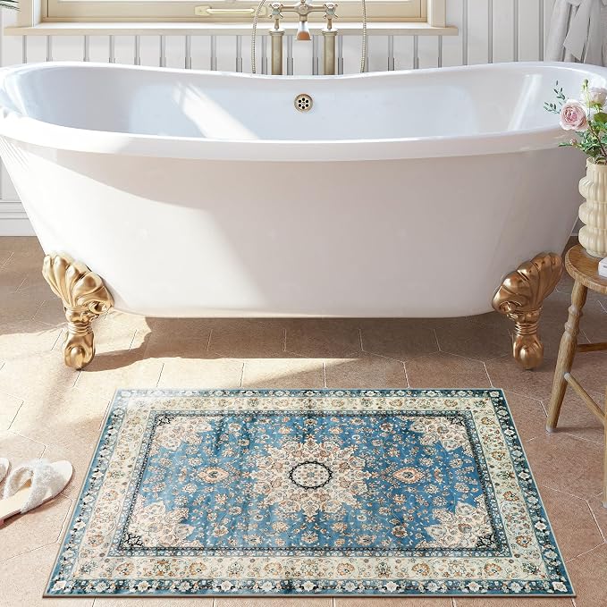 Lahome Felice Oriental Floral Medallion Area Rug - 2x3 Blue Distressed Small Entryway Rug Printed Doormat Vintage Non-Slip Washable Low-Pile Carpet for Indoor Front Entrance Kitchen Bathroom