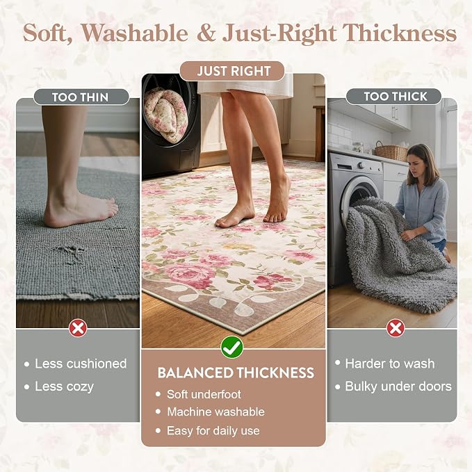 Lahome Pink Floral Nursery Rug 4x6, Low Pile Ultra-Thin Girls Bedroom Rug | Pet Friendly, Easy To Clean Non Slip Carpet For Baby Girl Nursery, Playroom And Cottage Decor