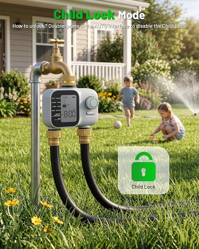 [2026 Upgrade] 2 Zone Sprinkler Timer with Brass Inlets & Outlets, Unistyle Programmable Water Timer for Garden Hose, IP55 Waterproof Hose Timers with Manual Irrigation Timers for Yard and Lawn Patio