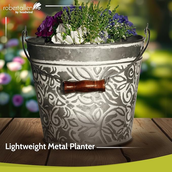 Headwind Vintage Collection - Floral Galvanized White Wash Planter with Handles – 12 Inch Flower Pots Decorative Plant Indoor – Plant Pots Indoor with Drainage By Robert Allen