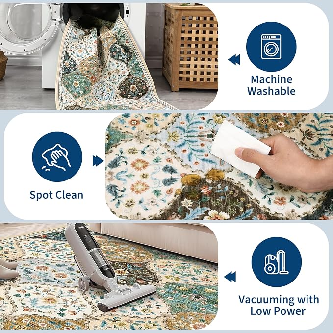 ROYHOME Machine Washable Rug Trellis Distressed Non-Slip Area Rugs | Stain Resistant Floor Carpet Vintage Floral Accent Rug Farmhouse Floor Cover for Dining Room Bedroom, Beige/Taupe, 4' x 6'