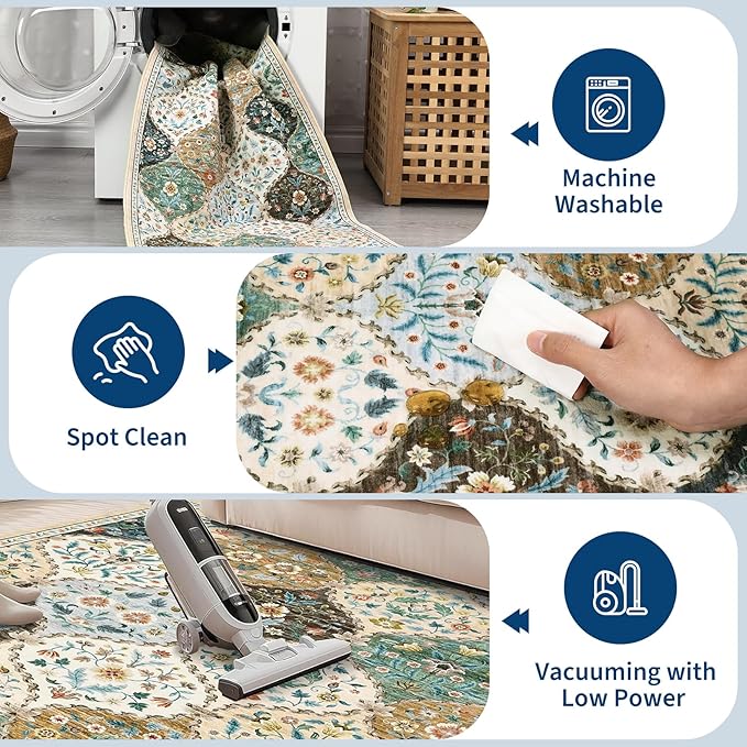 ROYHOME Area Rug - 5x7 Trellis Non-Slip Machine Washable Rug | Vintage Distressed Floral Carpet Stain Resistant Accent Rug Farmhouse Floor Cover for Dining Bedroom Decor, Beige/Taupe