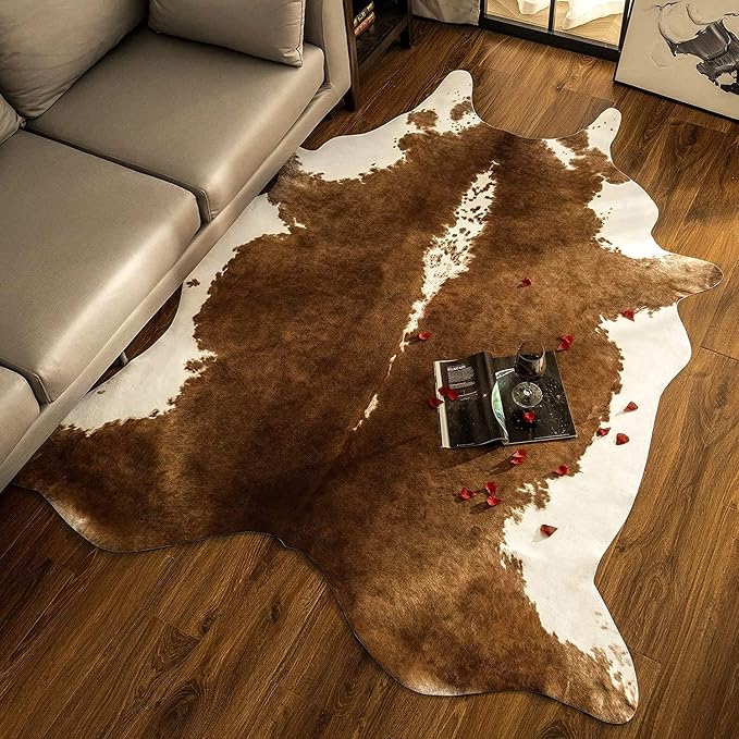 BENRON Faux Cowhide Rug, Cow Print Rug for Living Room Bedroom 7.8x9.5ft | Western cow hide rug for Cowboy Cowgirl Home Decor, Washable Rugs with Irregular Animal Skins and Hides Non Slip, Khaki Brown