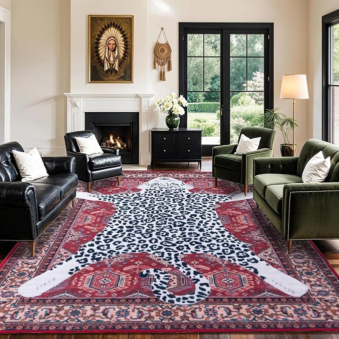 Oriental Leopard Rug 8x10 ft Washable Traditional Red Area Rugs for Bedroom Living Room, Dining Room Under Kitchen Table, Soft Non Slip Thin Rug Carpet (Red Leopard, 10X8 FT)