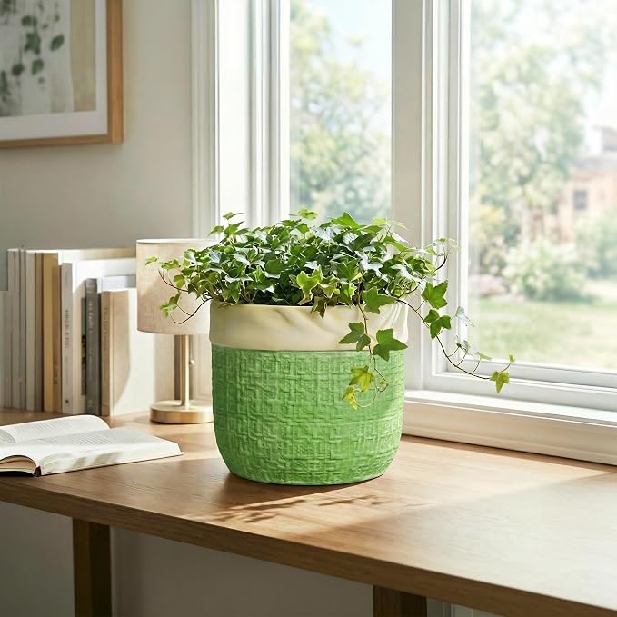 8 Inch Plant Pot - Ceramic Pots for Plants with Drainage Hole, Ceramic Flower Pots for Indoor Plants Outdoor, Decorative Boho Planter, House Garden Decor, Gardening Gifts for Women, Green