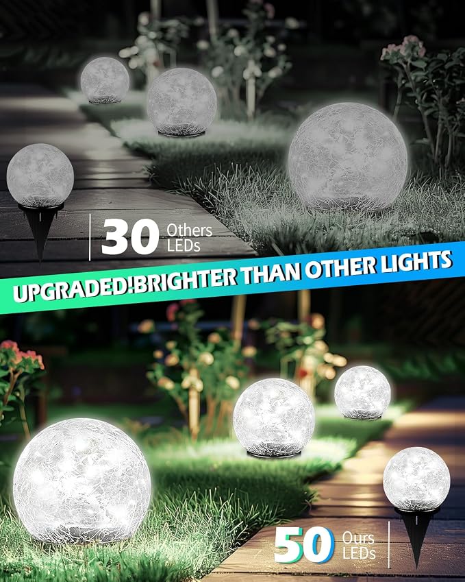 Garden Solar Ball Lights Outdoor Waterproof, 50 LED Cracked Glass Globe Power Ground for Path Yard Patio Lawn, Outdoor Decoration Landscape White 02(2 Pack 4.7'')