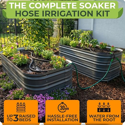 CARPATHEN Soaker Hose Kit, Water Saving Soaker Hose System with 1/2" 50FT Main Line Tubing & Connectors for Deep Root Watering Your Garden, Raised Beds or Greenhouse