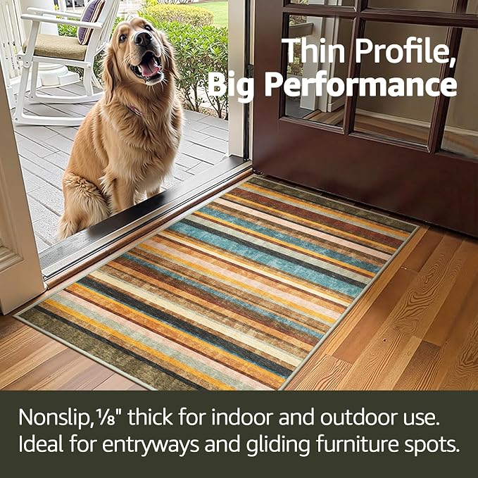 jinchan 5x7 Area Rug Modern Striped Rug Washable Living Room Rug, Pine Dawn | Non-Slip, Thin, Lightweight, Low Pile, Decor Carpet, Modern, Entrance, Entryway, Bedroom, Kitchen, Dining Room, Home Office