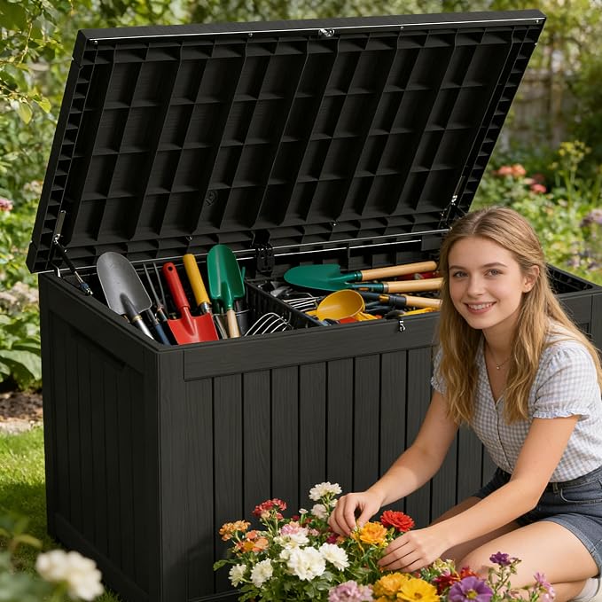 200 Gallon Outdoor Storage Box Resin Deck Box All Weather Waterproof Large Lockable Storage Container Deck Box for Patio Furniture, Garden Tools, Lockable, Black New