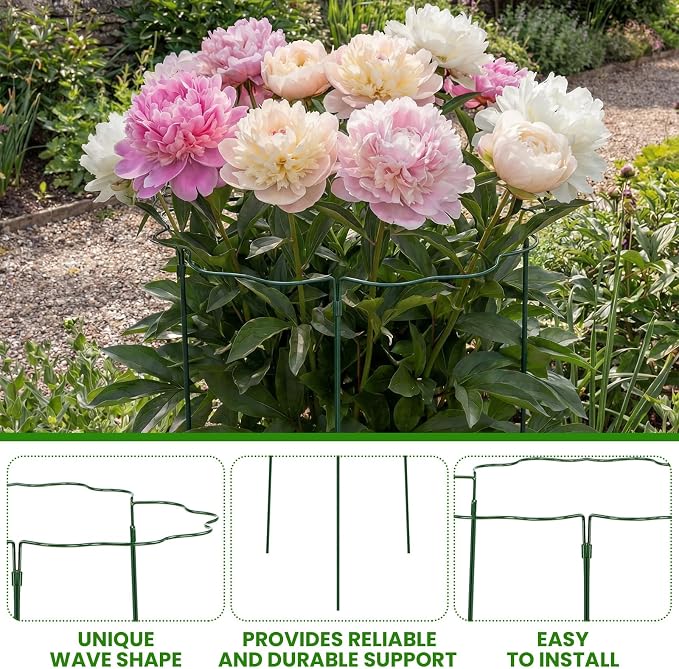 Pelopy 4 Pack Metal Scalloped Plant Support Stakes, Green Heavy Duty Metal Stakes for Outdoor Garden Plant Flower Peony Rose Perennials & Flowering Bush Support, 18" x 35"