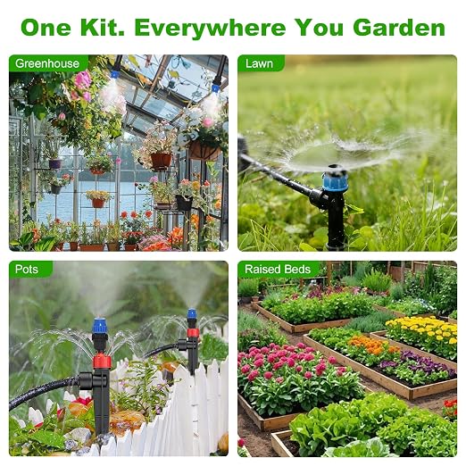 236FT Drip Irrigation System Kit New Quick-Connect, Automatic Garden Watering Misting System for Greenhouse, Yard, Lawn, Plant with 5/16 inch Hose 1/4 inch Distribution Tubing and Accessories