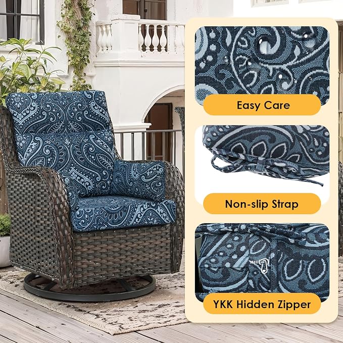 Outdoor High Back Chair Cushion, 2 Pack 48 x 24 inches Patio Chair Cushions Water Repellent Rocking Cushions Indoor Furniture Seat Pad with 2 Pillows, Damask Vine