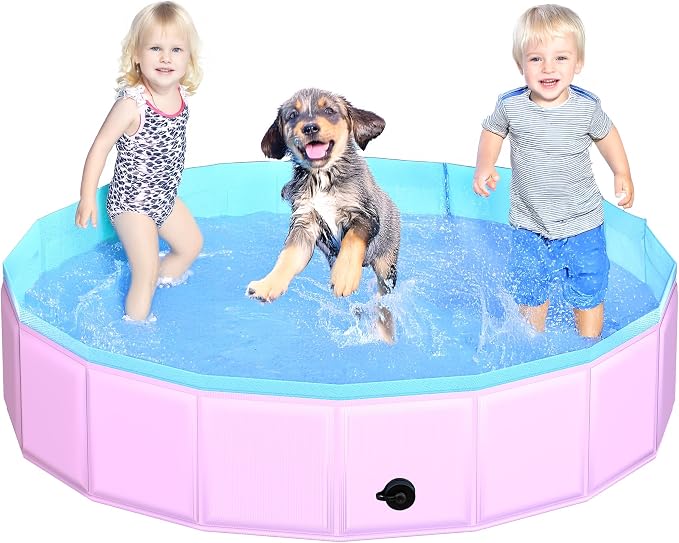 CACSPS 2025 Updated Foldable Dog Pool, 55" x 12" Kiddie Pool with Hard Plastic, Non-Slip Dog Bath Tub for Outdoor Backyard, Collapsible Dog Swimming Pool for Kids Dogs Pets (Pink)