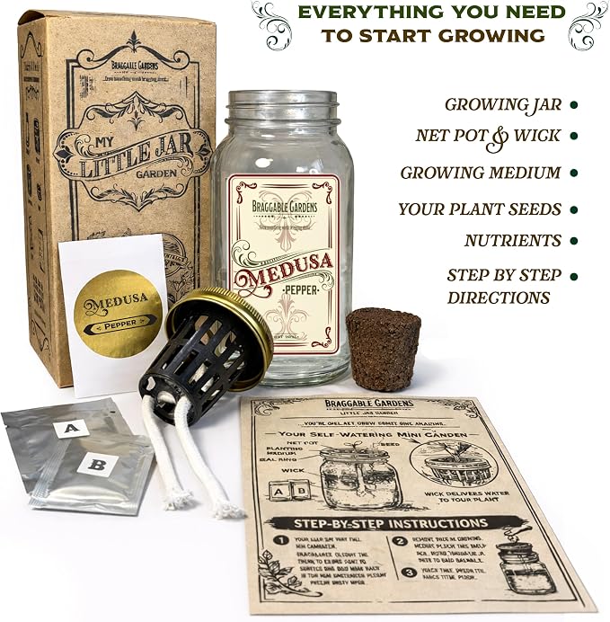 Rare Pepper Mason Jar Garden Kit (3 Pack) – Medusa, Filius Blue & Chiltepin Peppers – Indoor Hydroponic Pepper Grow Kit – Unique Ornamental & Edible Pepper Plants for Windowsill Gardening