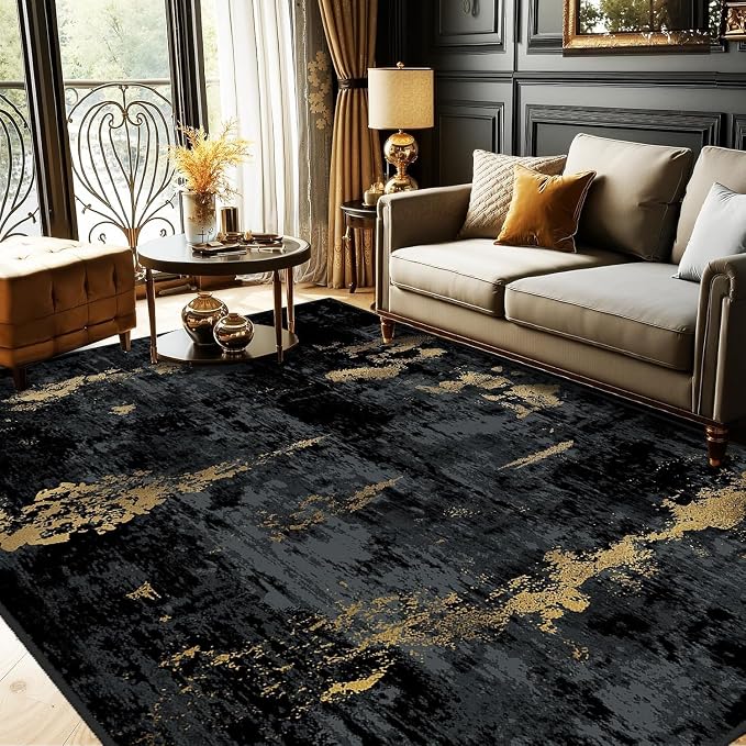 RELEANY Washable 7'x10' Abstract Area Rug for Living Room Black Gold | Carpet for Bedroom, Kitchen, Office, Hallway and Entryway, Printed Pattern, Non‑Slip, Soft, Stain‑Resistant, Easy to Clean