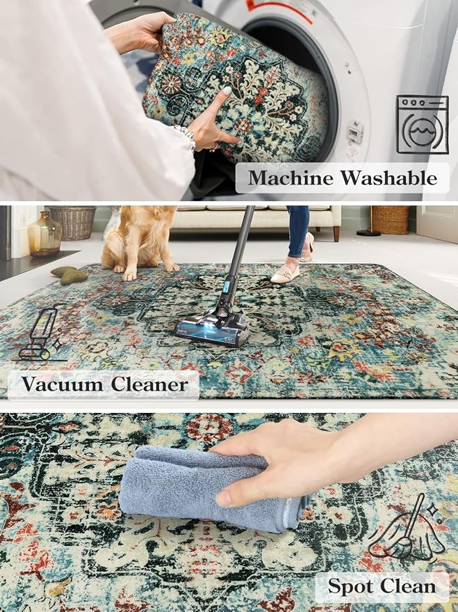 Lahome Reine Bohemian Floral Medallion Round Rug - 3Ft Small Bedroom Round Area Rug Soft Bathroom Circle Mat, Teal Vintage Non Slip Machine Washable Entryway Carpet for Nursery Kitchen Family Room