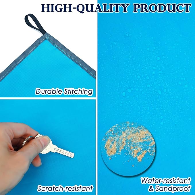 Fammart Pocket Picnic Blanket Sandproof Waterproof, Portable Lightweight Camping Tarp, Quick Dry Foldable Compact Beach Mat with Corner Pockets & Stakes for Festivals Hiking Outdoor Essentials