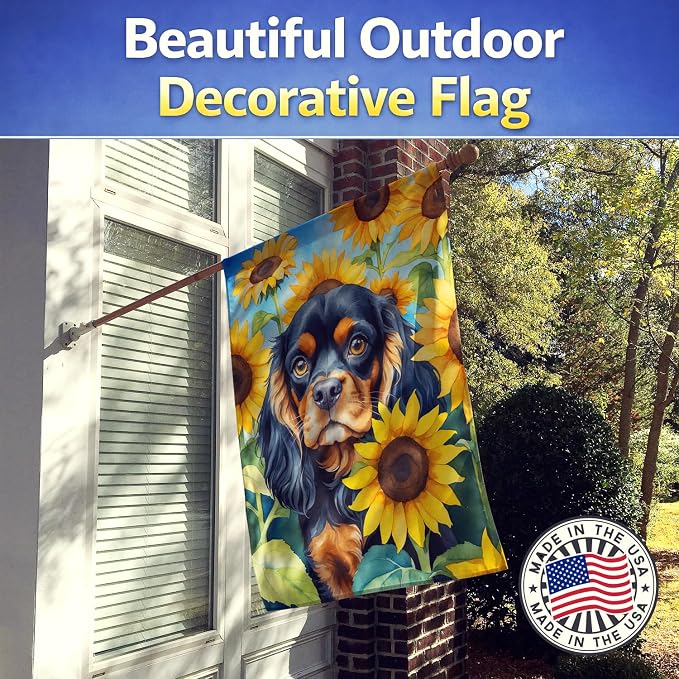 Caroline's Treasures DAC6048CHF Cavalier Spaniel in Sunflowers House Flag Large Porch Sleeve Pole Decorative Outside Yard Banner Artwork Wall Hanging, Polyester, House Size, Multicolor