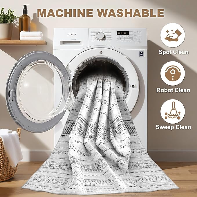 Nakagishi Boho 9x12 Area Rug Living Room Rugs Machine Washable Gray | Soft, Pet & Kid Friendly, Carpet for Living Room/Bedroom/Office/Kitchen/Nursery, Daily Home Decor Stain Resistant Moroccan