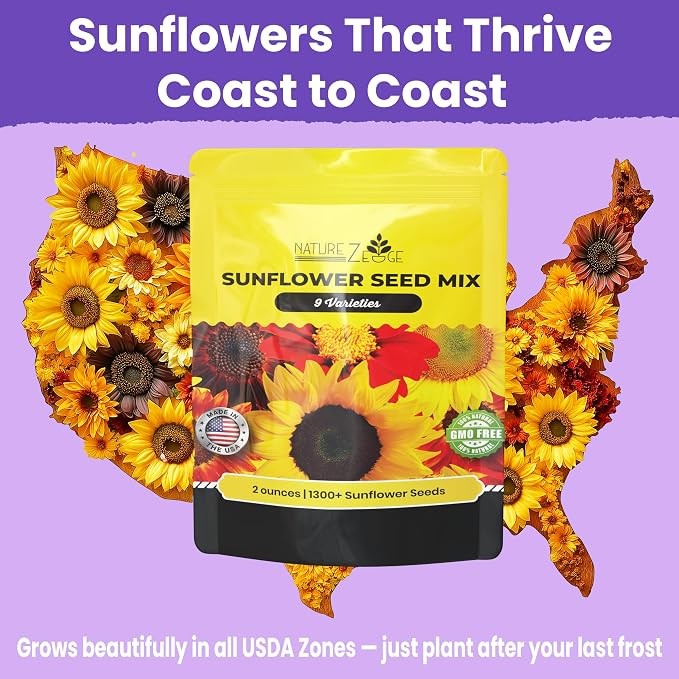 NatureZ Edge 1300+ Sunflower Seeds Garden Variety Pack, Bulk Sunflower Seeds for Planting Flowers, Get More Sunflower Seeds to Plant, Mammoth, Dwarf, Lemon Queen, Giant and More. 2oz Packet