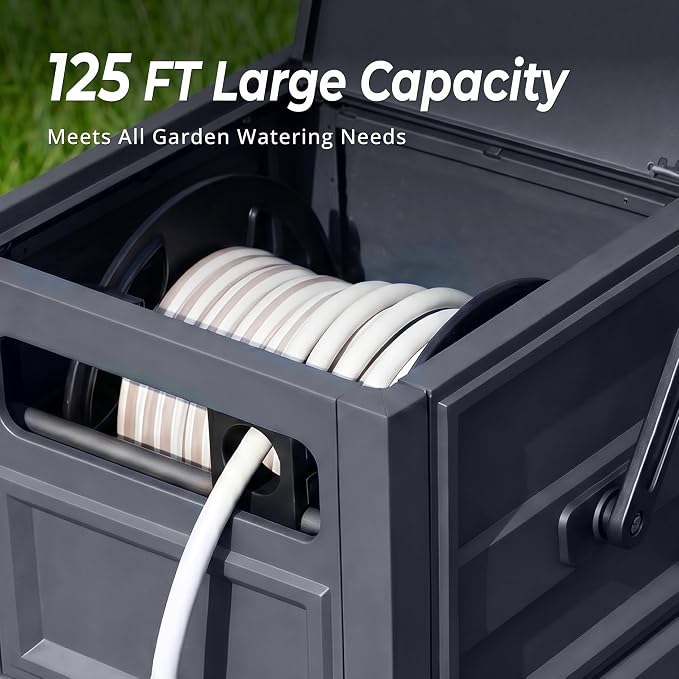 Garden Hose Reel Hideaway, Heavy Duty Metal Hose Reel Box Holds 125FT x 5/8" Hose, Steel Hose Storage Box with Manual Crank, Hose Guide and Leak-Proof Aluminum Connections, Stable 4-Leg Base
