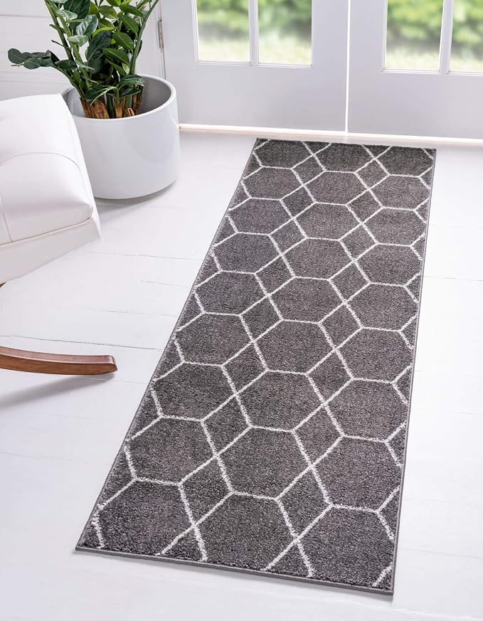 Unique Loom Trellis Frieze Collection Area Rug - Geometric (2' x 6' 1" Runner Dark Gray/Ivory)