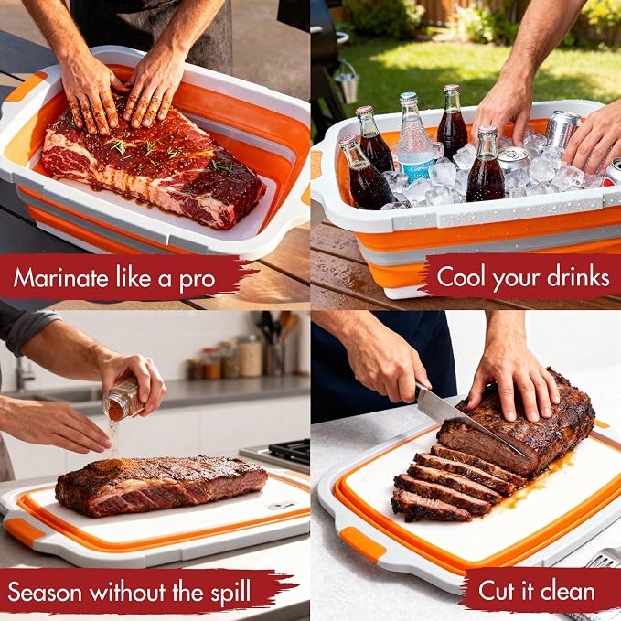 KITCHEN PERFECTION Collapsible XL Smoker & BBQ Prep Tub with Locking Lid | Includes Cutting Board, Meat Marinade & Brine Container For Turkey, Brisket & Ribs - Best Grill Accessories Gifts For Men