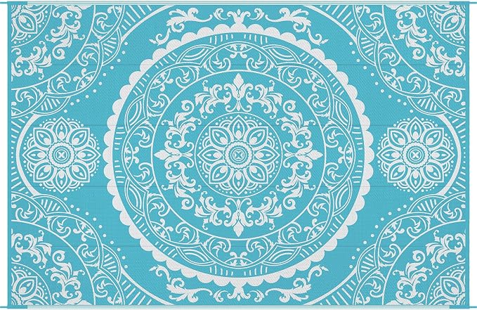 Pauwer Waterproof Outdoor Rug 6x9, Reversible Plastic Straw Patio Camping Rug, Indoor Outdoor RV Mat Carpet for Deck, Camper, Porch, Balcony, Backyard, Picnic, Paisley Teal