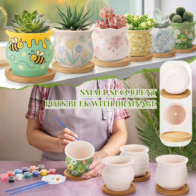 Leitee 15pcs Flower Pots 3 Inch Paint Your Own Ceramic Pot Craft Kit Ready-to-Paint Small Succulent Pots Bulk with Drainage Hole Paint Set Mini Paintable Plant Vase for Spring Birthday DIY Gift