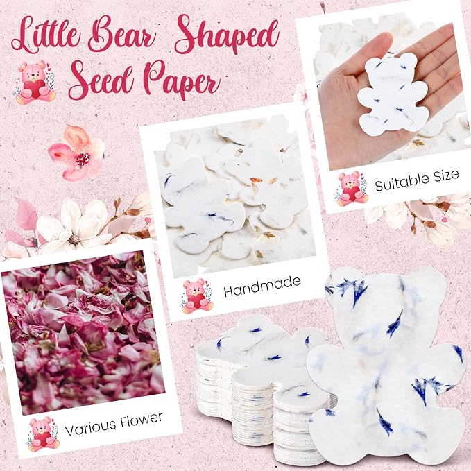 Dunzoom 50 Pcs Handmade Seed Paper Plantable Wildflower Seed Paper Recycled Flower Petals Tags Wedding Favors for Guests Craft Gifts Cards for Envelope Birthday Party, 5 Styles (Bear)