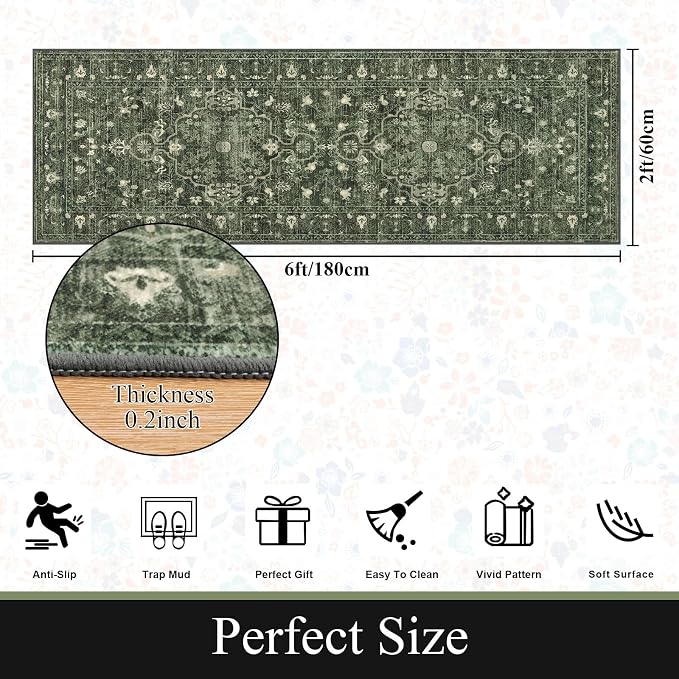 U'Artlines 2' x 6' Boho Hallway Runner Rug, Non Slip Runners, Dark Green | Washable, Vintage Farmhouse Kitchen Rug, Accent Area Carpet, for Entryway Laundry and Living Room