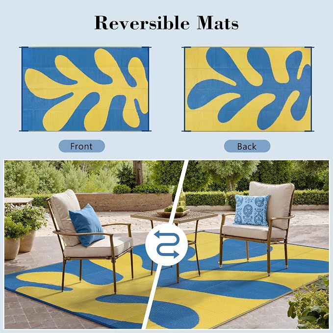 Lahome Plastic Ocean Coral Outdoor Rug, 6x9 Funnky Waterproof Outdoor Patio Rug, Portable Lightweight Rv Mats for Outside Camping Beach Picnic, Blue 6'x9'