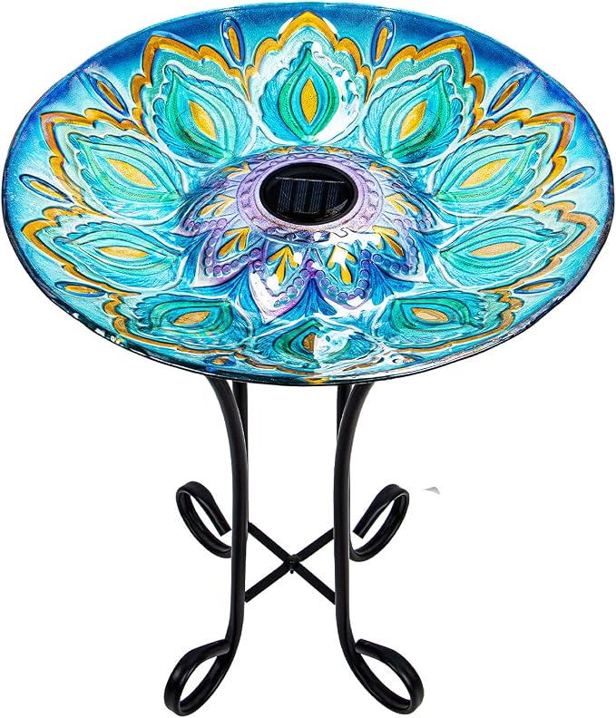 Glass Bird Bath Outdoor with Metal Stand for Lawn Yard Garden Decor Solar Large BirdBath Peacock Bird Feeder
