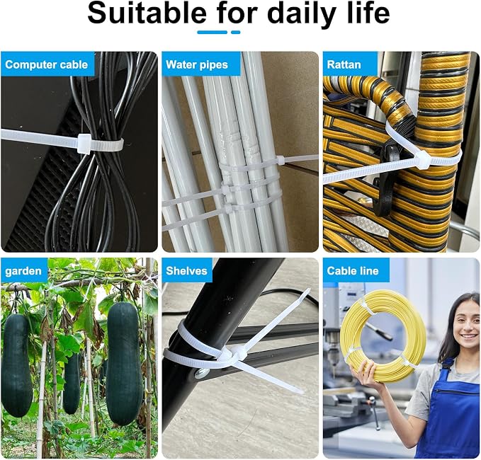 White Zip Ties 12 Inch 100 Pack Clear Tensile Strength 50 lbs UV Resistant Industrial Cable Ties Self Locking Zipties Wire Ties Wrap Indoor Outdoor Use for Fence Garage Camping