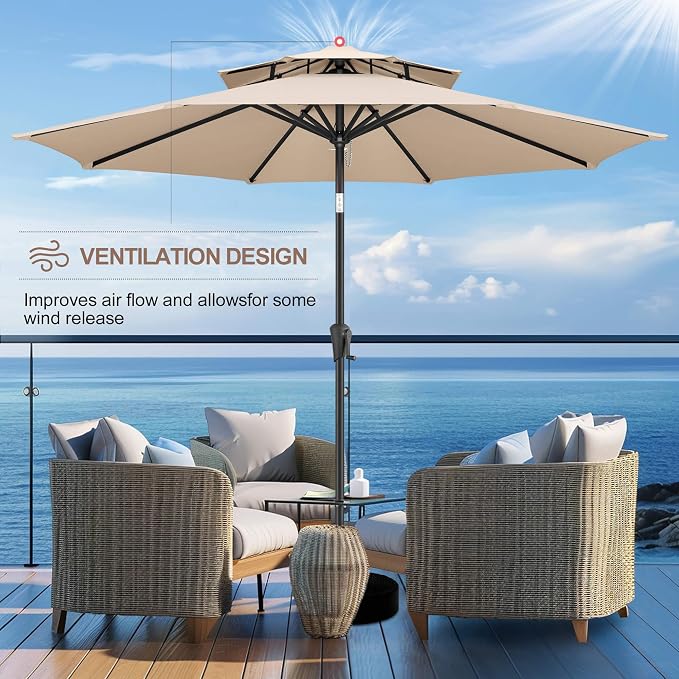 FLAME&SHADE 9ft Patio Umbrella - 2 Tiers Outdoor Umbrella with Push Button Tilt and Crank for UV Protection, Table Market Umbrella for Garden, Deck, Backyard, Pool and Beach(Beige)