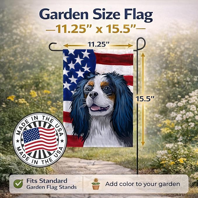 Caroline's Treasures CK6591GF King Charles Spaniel American Flag Garden Flag Mailbox Flag Decorative Yard Flag Banner Outside Patio Artwork Yard Flower Beds, Garden Size, Multicolor