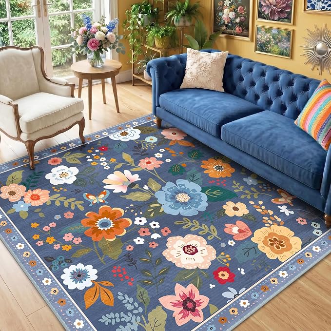 RELEANY Floral Washable Square 6ft Area Rug Blue/Grey | Flower Carpet, Print, Boho, Non-Slip, Easy to Clean, Soft, Low Pile for Living Room Bedroom Kitchen Office Entryway Hallway