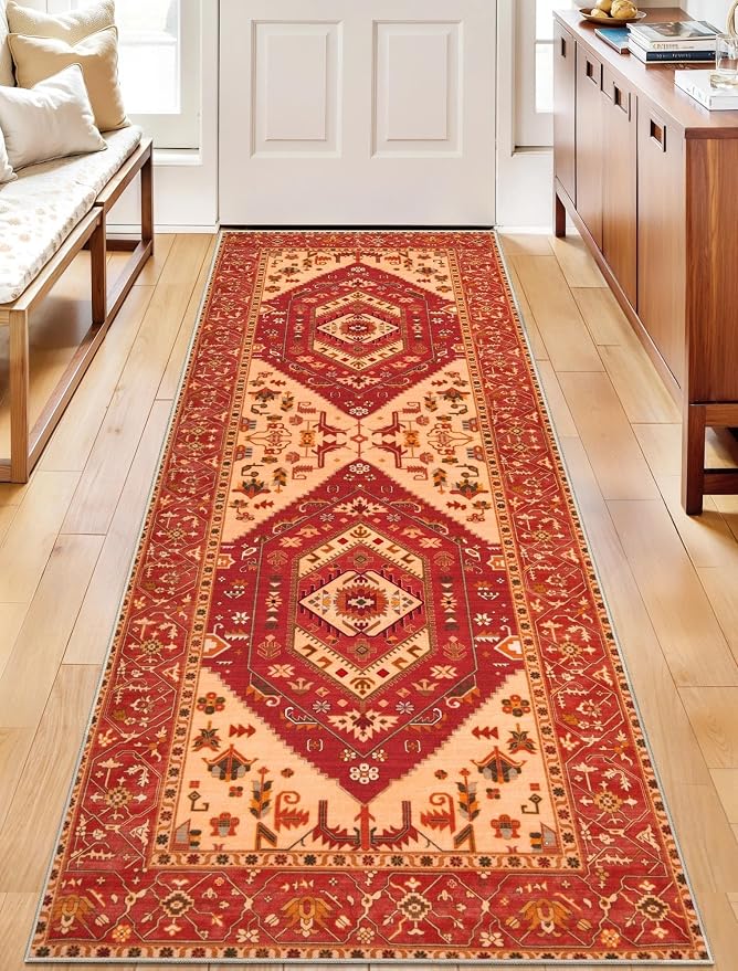 SERISSA 2x6 Washable Non Slip Boho Runner Rug for Hallway，Red | Ultra Soft Vintage Oriental Carpet Low-Pile Distressed Tribal Floor Carpet for Kitchen Bedroom Bathroom Laundry Living Room