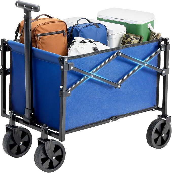 DUMOS Collapsible Wagon with Wheels, 220 lbs Wagons Carts Foldable Wagon Cart with Flexible Handle, Lightweight Portable Folding Utility Shopping Cart for Grocery Sports Garden Camping - Blue