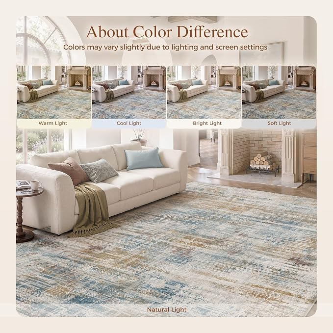 UERMEI 5x7 Area Rug for Living Room Washable Abstract Blue Brown Carpet | Low Pile Non-Slip Soft Neutral Modern Kid Pet Friendly Large Rugs For Bedroom Dining Room Nursery Office Indoor Decor