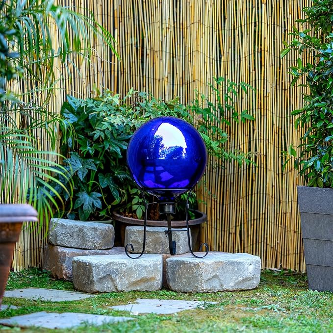 Alpine 10" Blue Outdoor Glass Gazing Globe with Achla Designs 13 1/2" Black Iron Stand for Gardens
